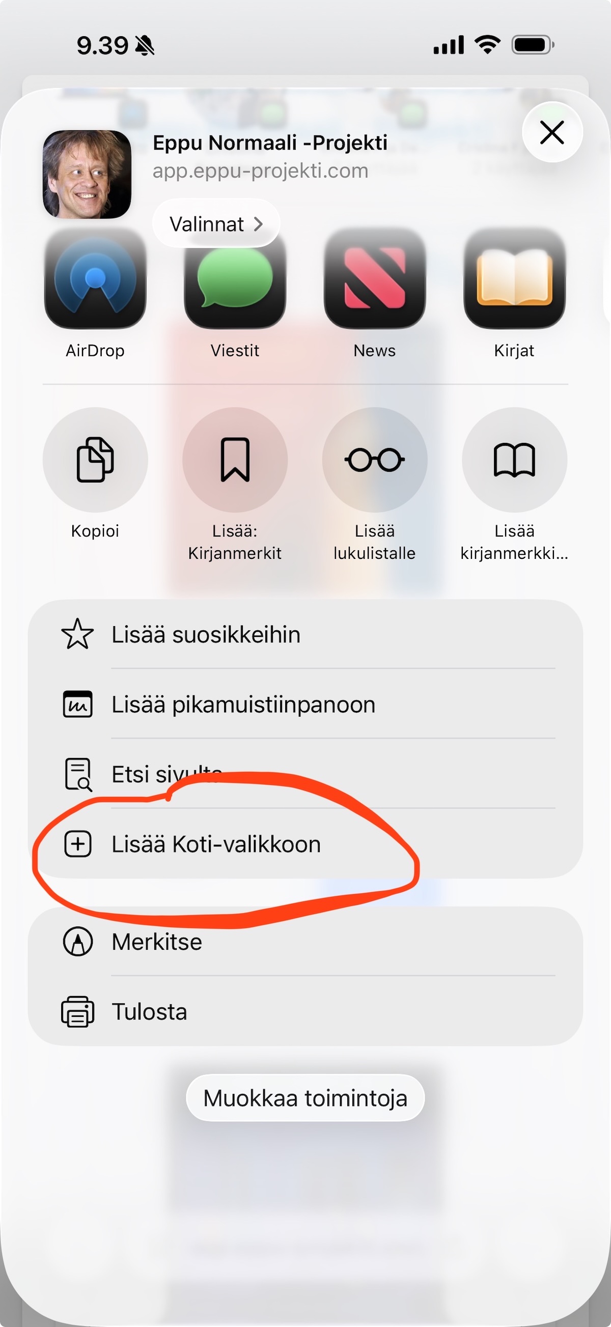 Vaihe 2: Klikkaa 'Lisää Koti-valikkoon'